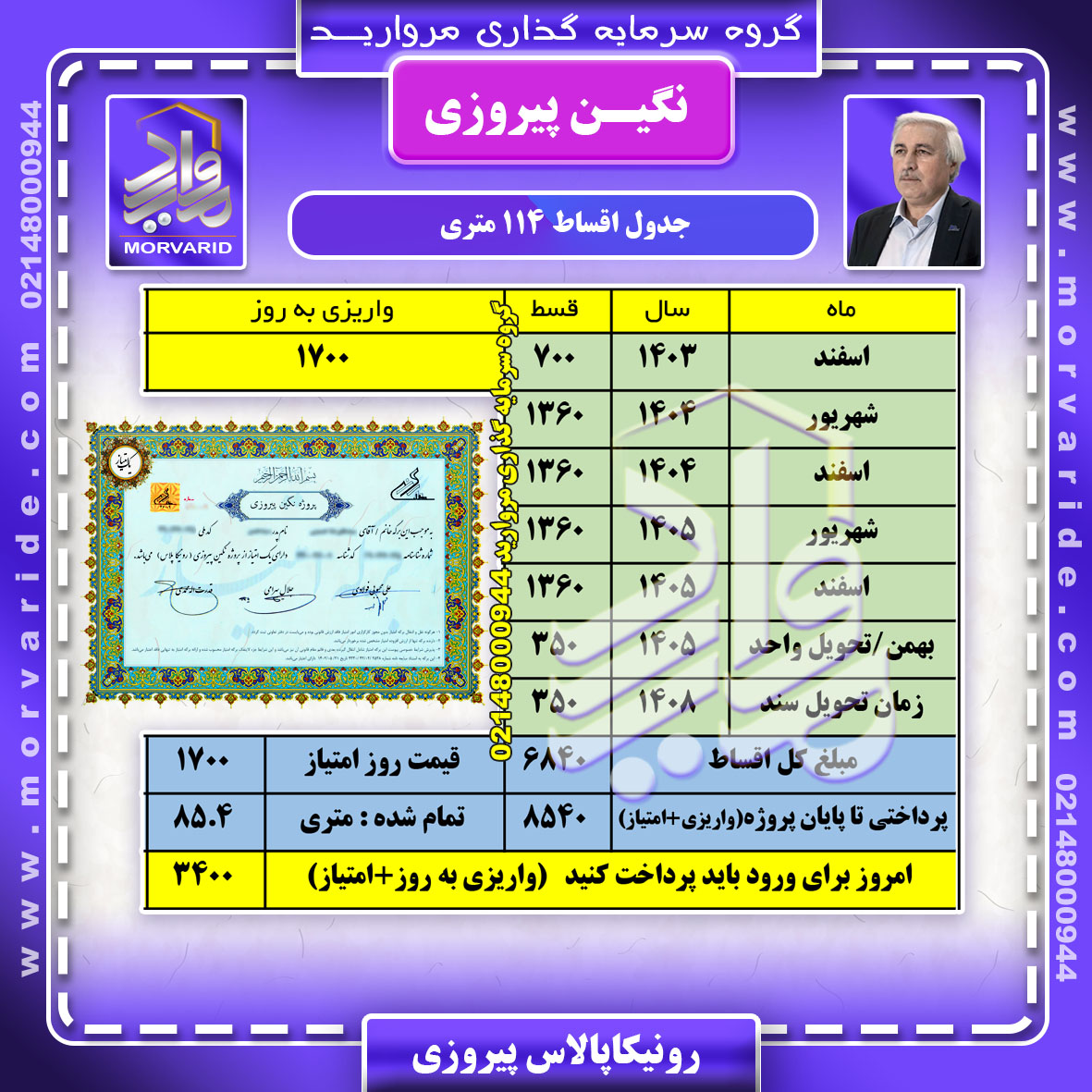 جدول اقساط و  قیمت واحد 114 پروژه رونیکاپالاس پیروزی (نگین ) حاج رحیم قربانی منطقه 13 دریاچه چیتگر گروه سرمایه گذاری املاک مروارید
