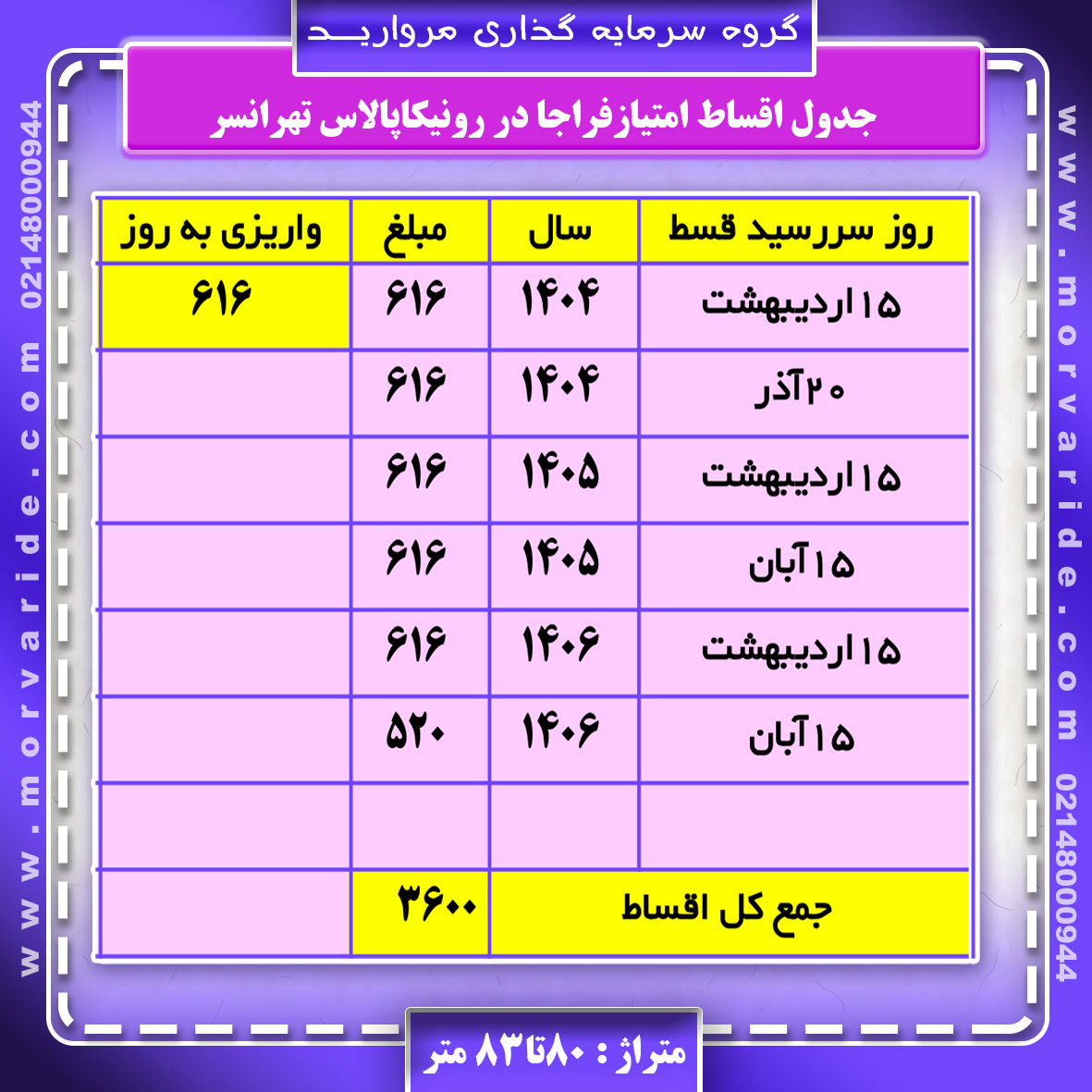 جدول اقساط فراجا در رونیکاپالاس تهرانسر