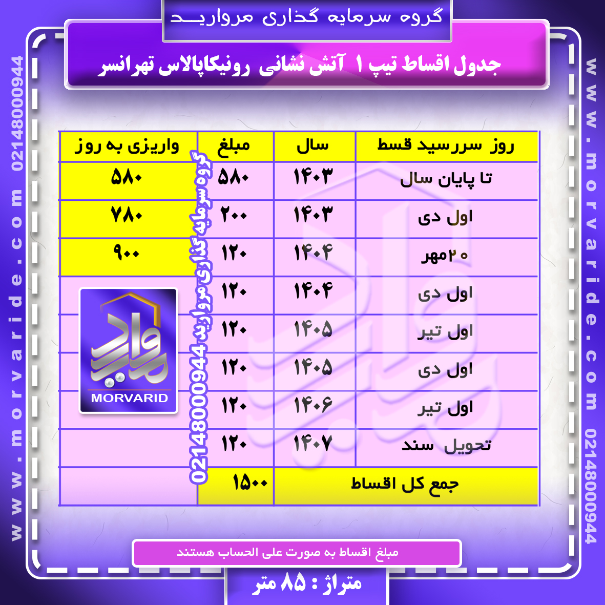 جدول اقساط + واریزی به روز تیپ یک آتش نشانی رونیکاپالاس تهرانسر گروه سرمایه گذاری مروارید