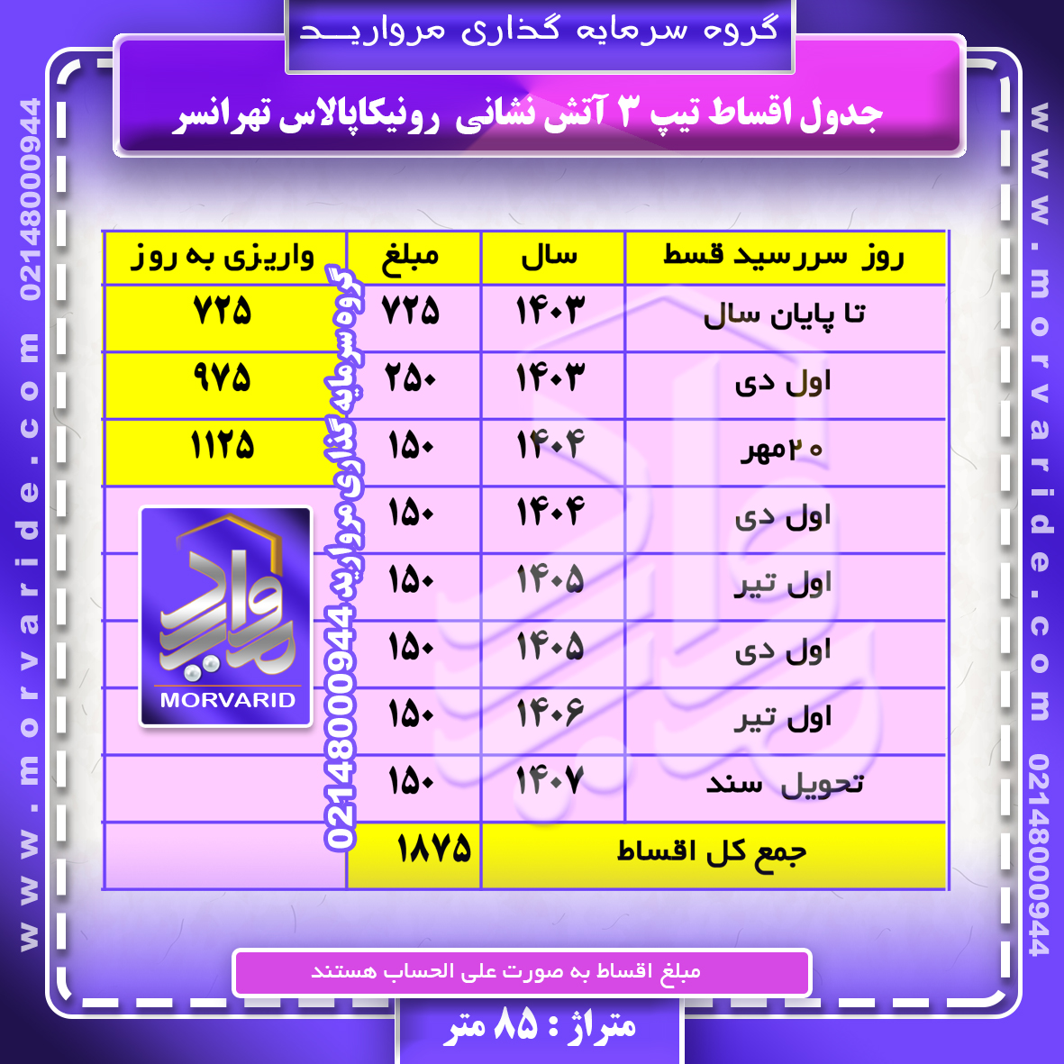   جدول اقساط + واریزی به روز تیپ 3 آتش نشانی رونیکاپالاس تهرانسر گروه سرمایه گذاری مروارید