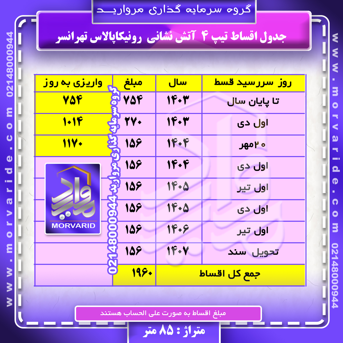   جدول اقساط + واریزی به روز تیپ 4 آتش نشانی رونیکاپالاس تهرانسر گروه سرمایه گذاری مروارید