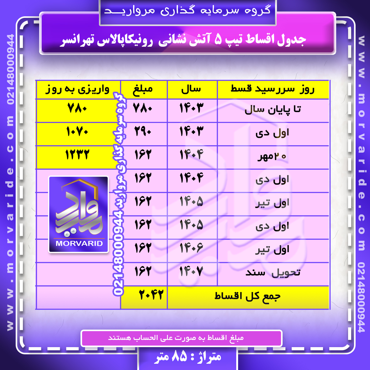   جدول اقساط + واریزی به روز تیپ 5 آتش نشانی رونیکاپالاس تهرانسر گروه سرمایه گذاری مروارید