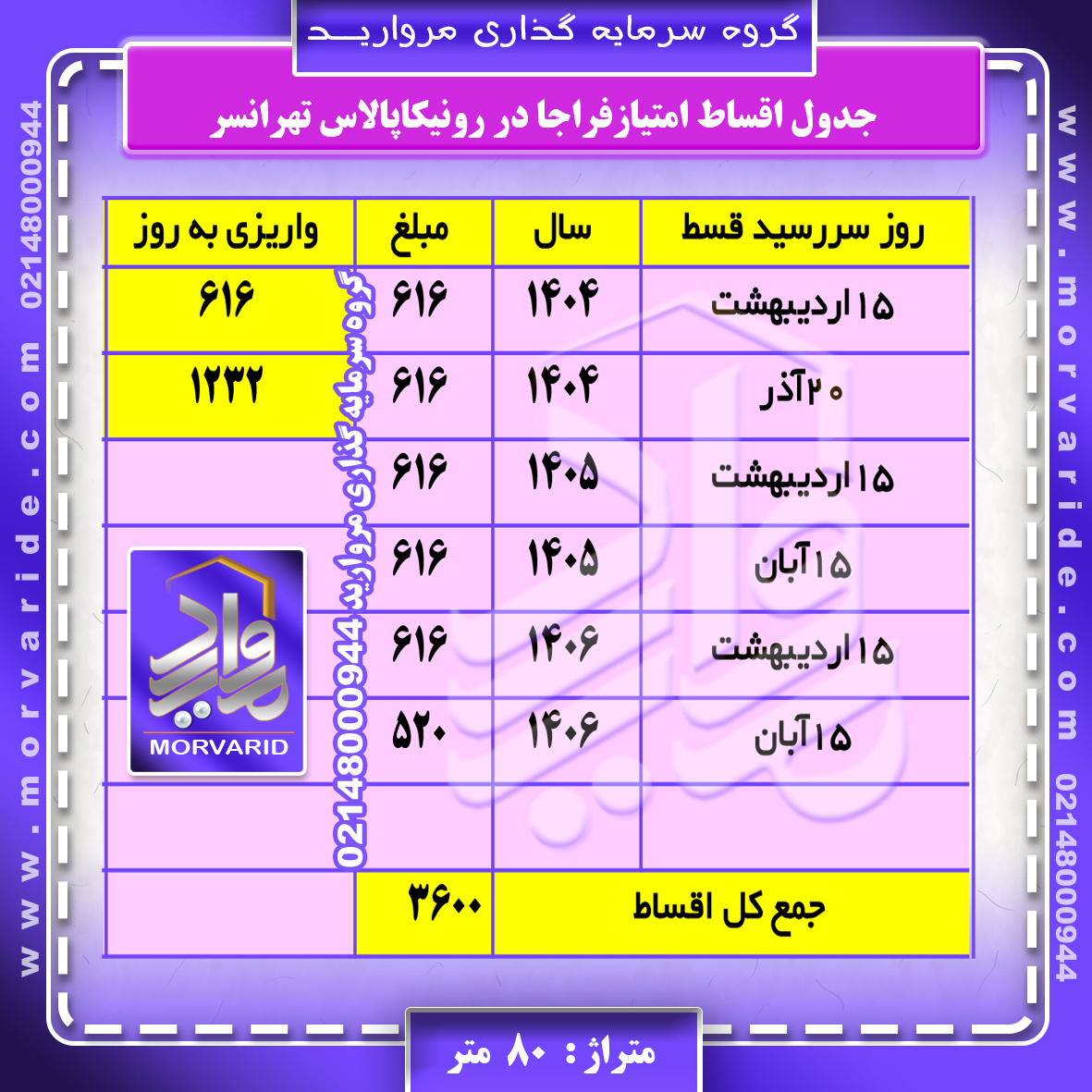 جدول اقساط فراجا در رونیکاپالاس تهرانسر