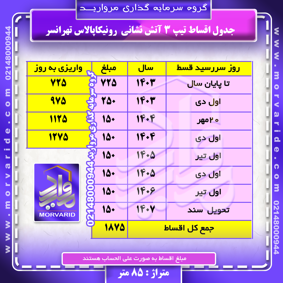 جدول اقساط + واریزی به روز تیپ 3 آتش نشانی رونیکاپالاس تهرانسر گروه سرمایه گذاری مروارید