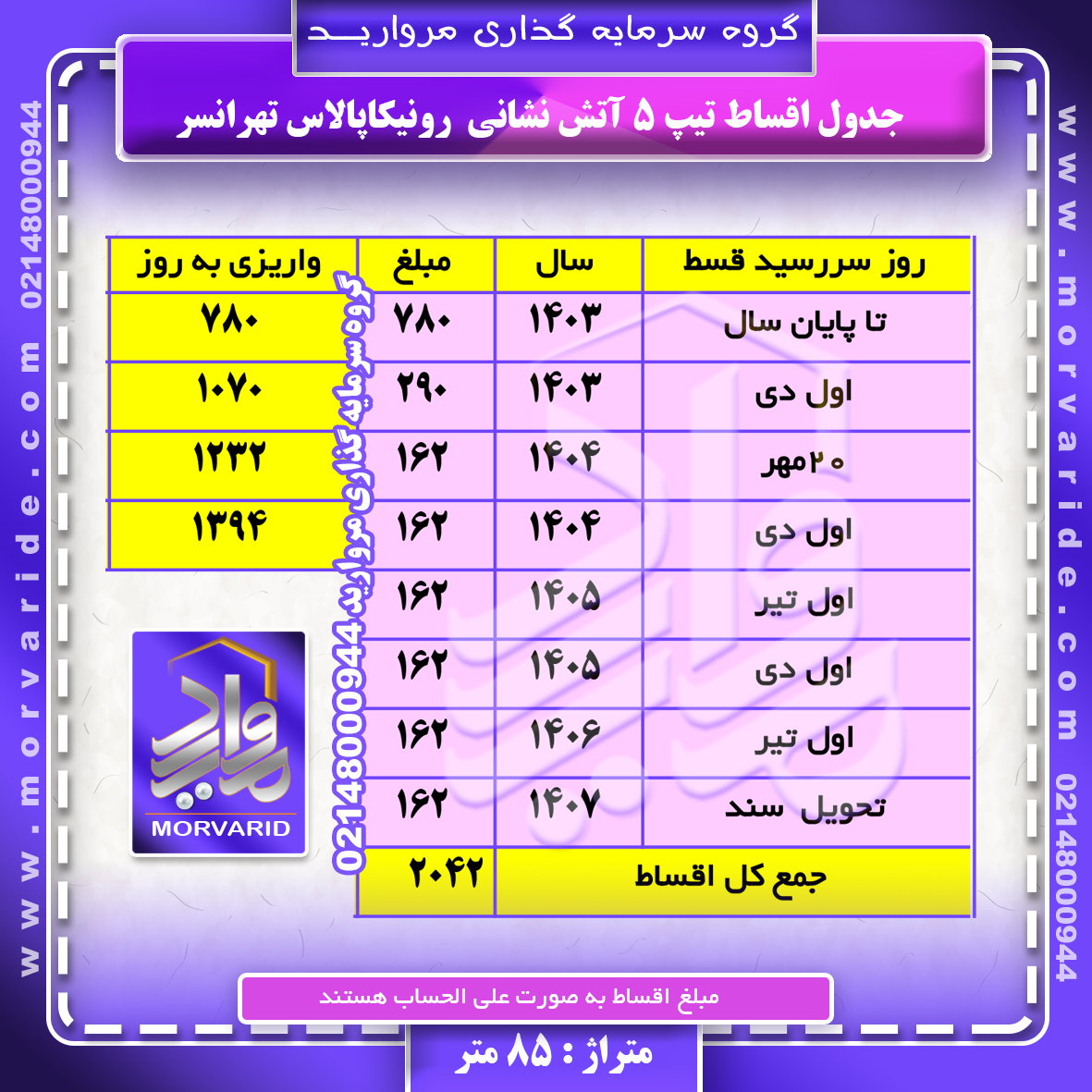 جدول اقساط + واریزی به روز تیپ 5 آتش نشانی رونیکاپالاس تهرانسر گروه سرمایه گذاری مروارید