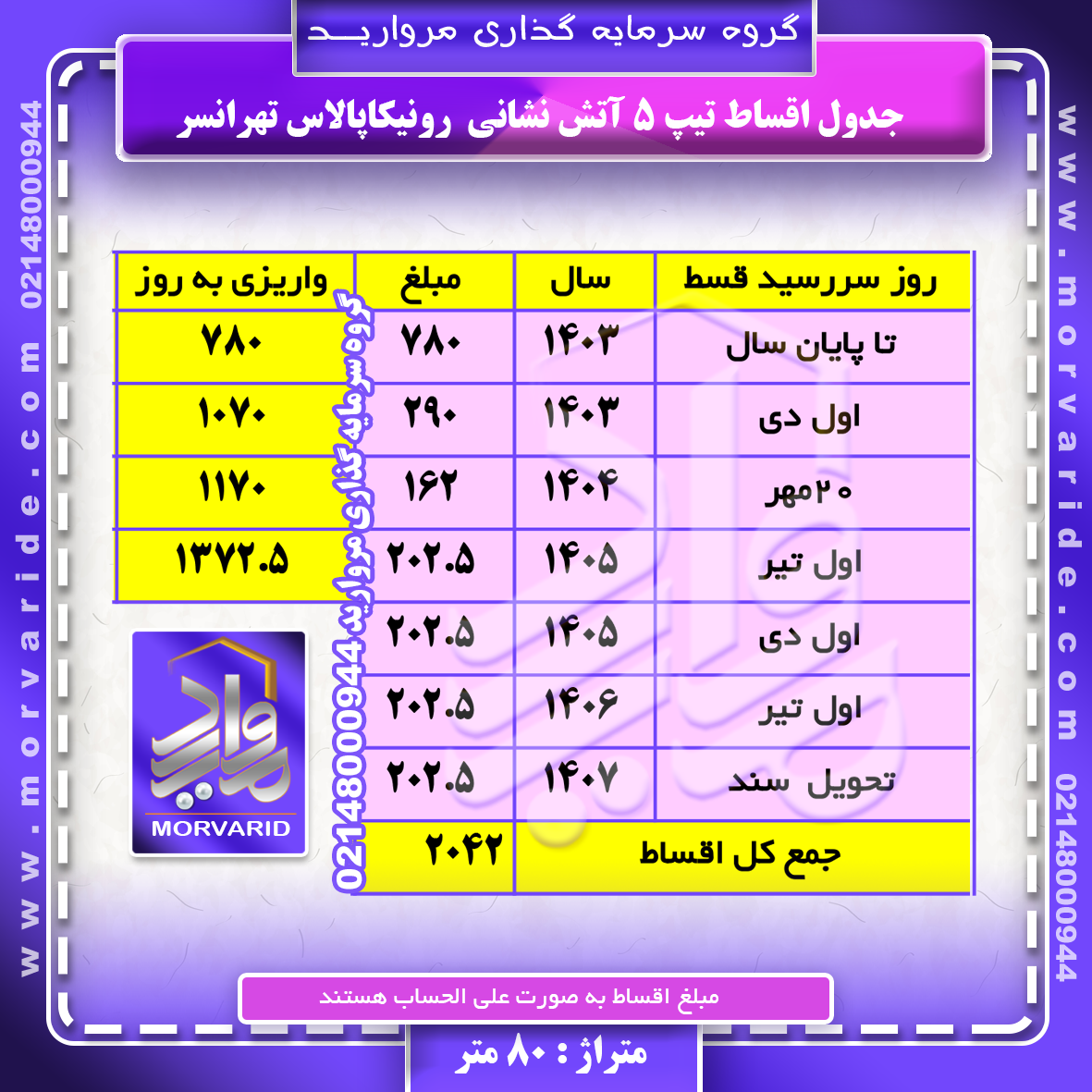   جدول اقساط + واریزی به روز تیپ 5 آتش نشانی رونیکاپالاس تهرانسر گروه سرمایه گذاری مروارید